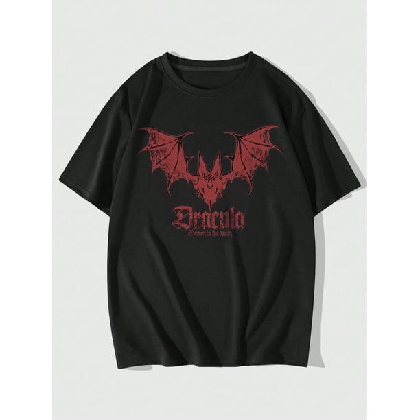 Halloween T-shirt - Goth Men Bat Print Tee For Halloween, School