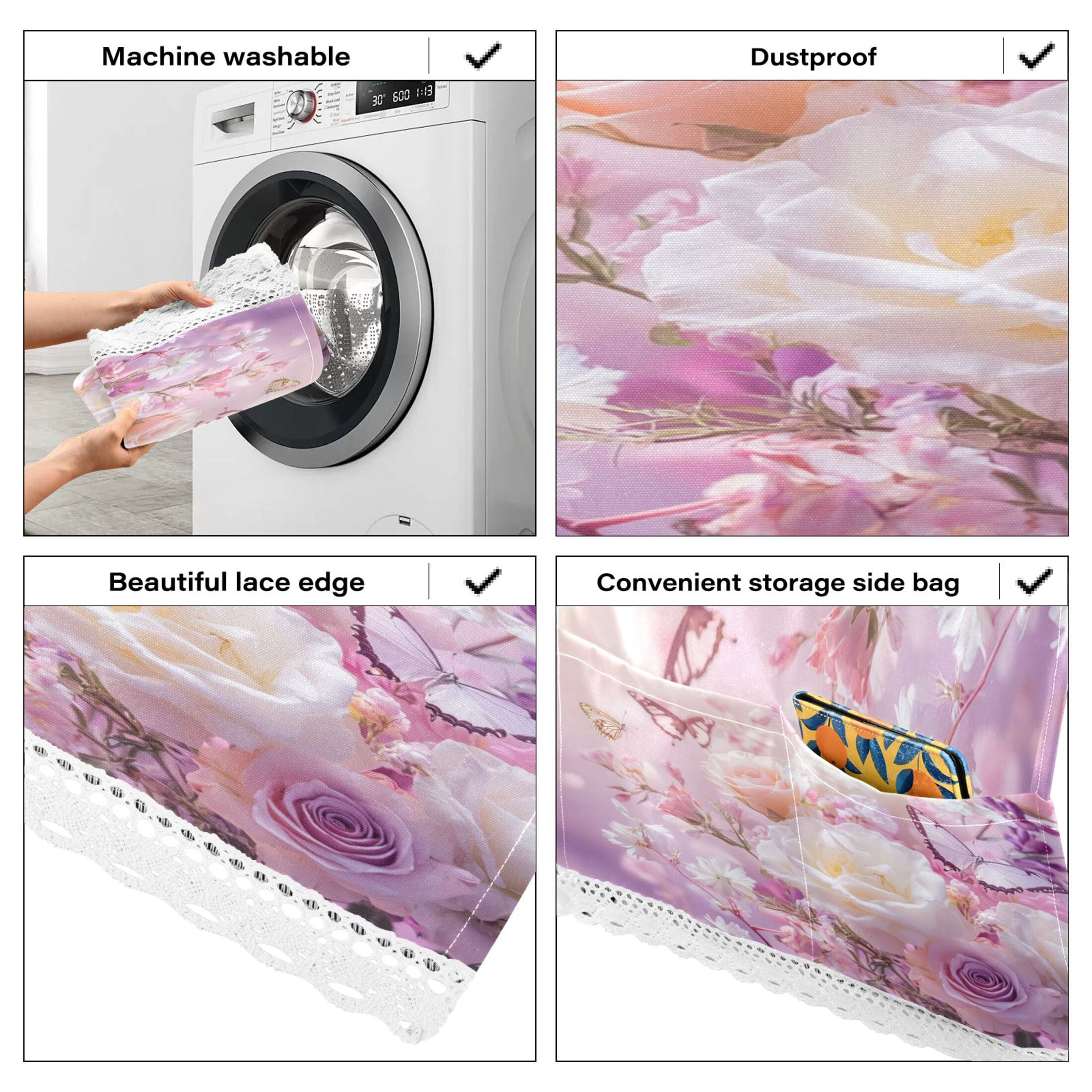 Washing Machine Cover 51.2x22in, Durable Polyester Dust Cover with Lace Trim and Side Pocket for Appliances Butterfly Garden