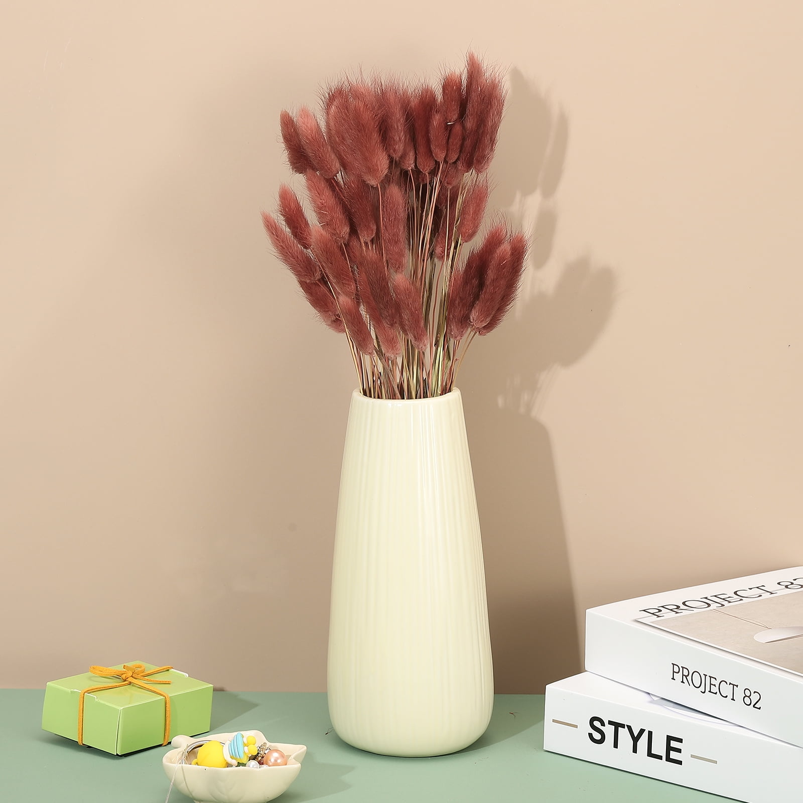 Uxcell 15.7in Bunny Tails Dried Flowers, 150pcs Pampas Grass Decor Rabbit Tail Natural Pampas Grass Bulk Fluffy Faux Pampas Grass Small Dried, Brown Red