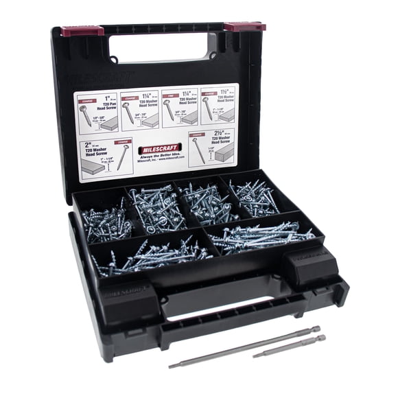 Milescraft 5200 Kit de tornillos de bolsillo - Kit de tornillos recubiertos de zinc con orificio de bolsillo T20 de 700 piezas con 6 tamaños de tornillos Destornilladores Torx T20 de 3 y 6 pulgadas in