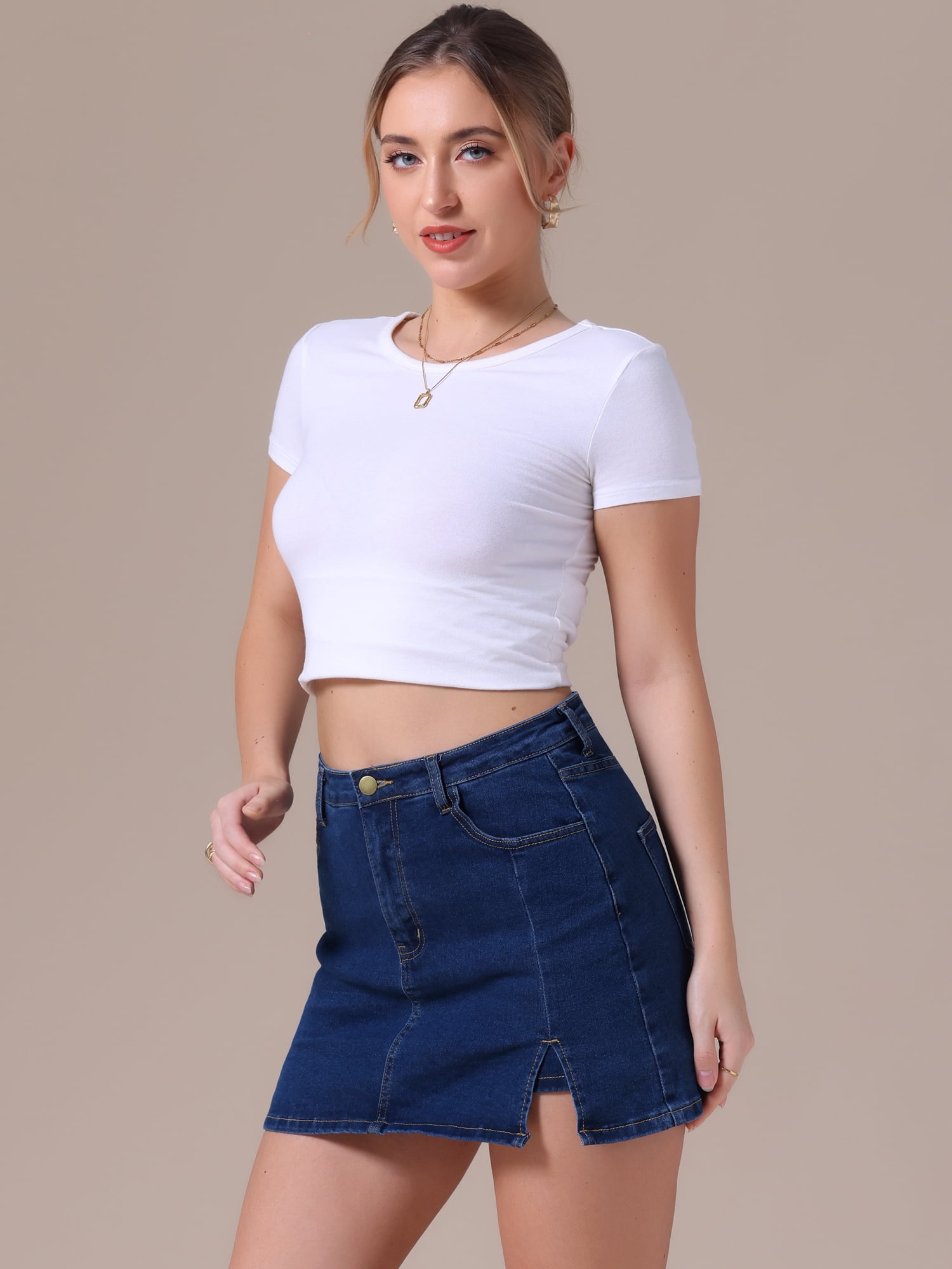 DARING DIVA Women's High Waisted A Line Stretchy Side Slit Mini Denim Skirt L Dark Blue