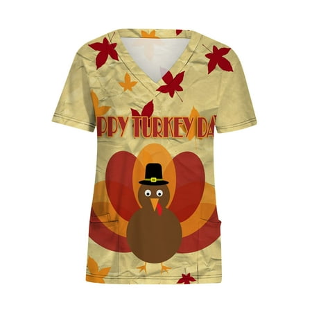 

Funicet Thanksgiving Shirts for Women Scrubs Tops Plus Size Working Uniform With Pockets Short Sleeve V-neck Nursing Uniform Printed Blouse