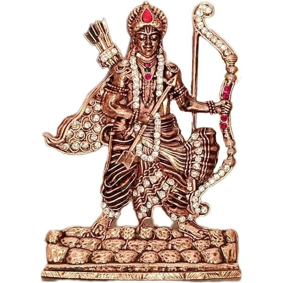 Massive Mart Shri Ram Idol Lord Rama Statue Ram Lalla Car Dashboard Idol Metal Statue for Home Décor Mandir Pooja Murti Temple Puja Office Table (Golden Studded)