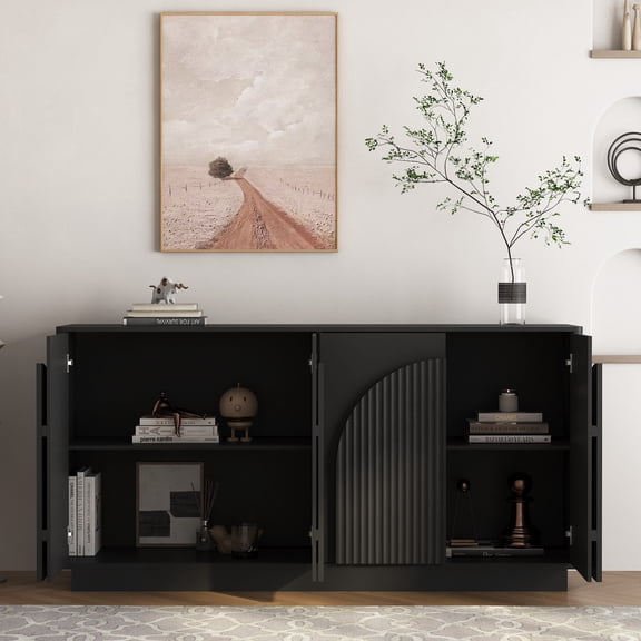65" Sideboard Buffet Cabinet withStorage, Modular Credenza, Walnut | ModernAccent Cabinet for Living Dining RoomEntryway, Media Console TV Stand, FlutedDouble-Layered Arched Doors, Wood Grain