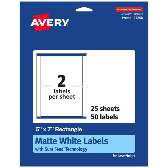 Avery Matte White Rectangle Labels, 5" x 7", 50 Labels