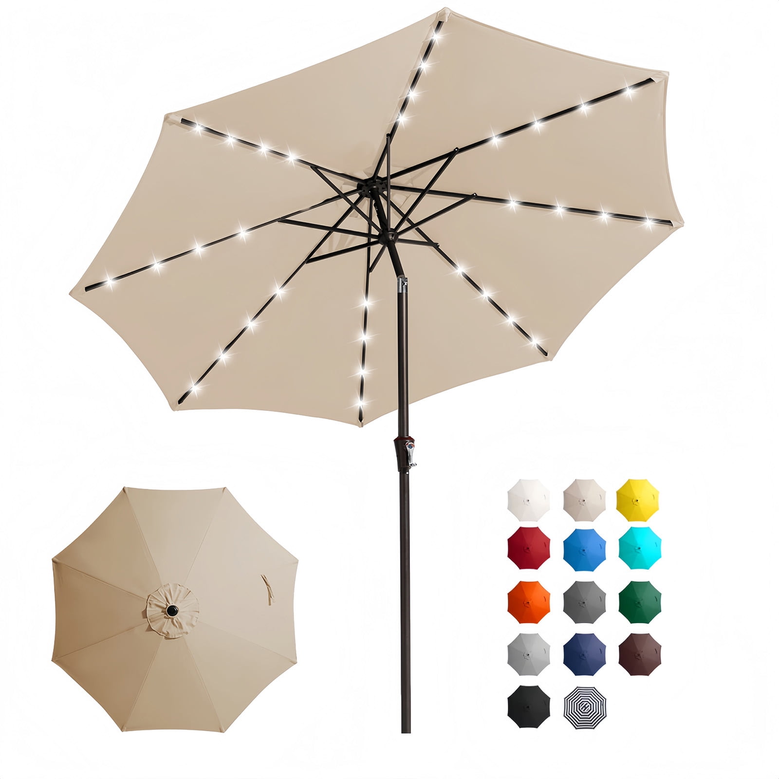 FUNDAZE 10FT Solar 32 LED Patio Umbrella w/ Tilt & Crank Lift, 8 Sturdy Ribs, UV Protection Solution-Dyed Fabric, for Garden, Backyard, Deck & Patio, Beige