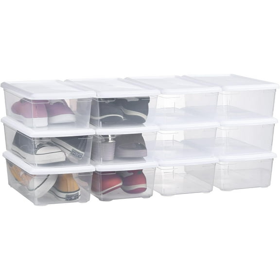 12 Pcs Clear Shoe Boxes with White lid Plastic Storage Bins with Latching Lid Rectangular Storage Boxes Durable See-Through Lidded Shoe Boxes for Art Supplies and Home