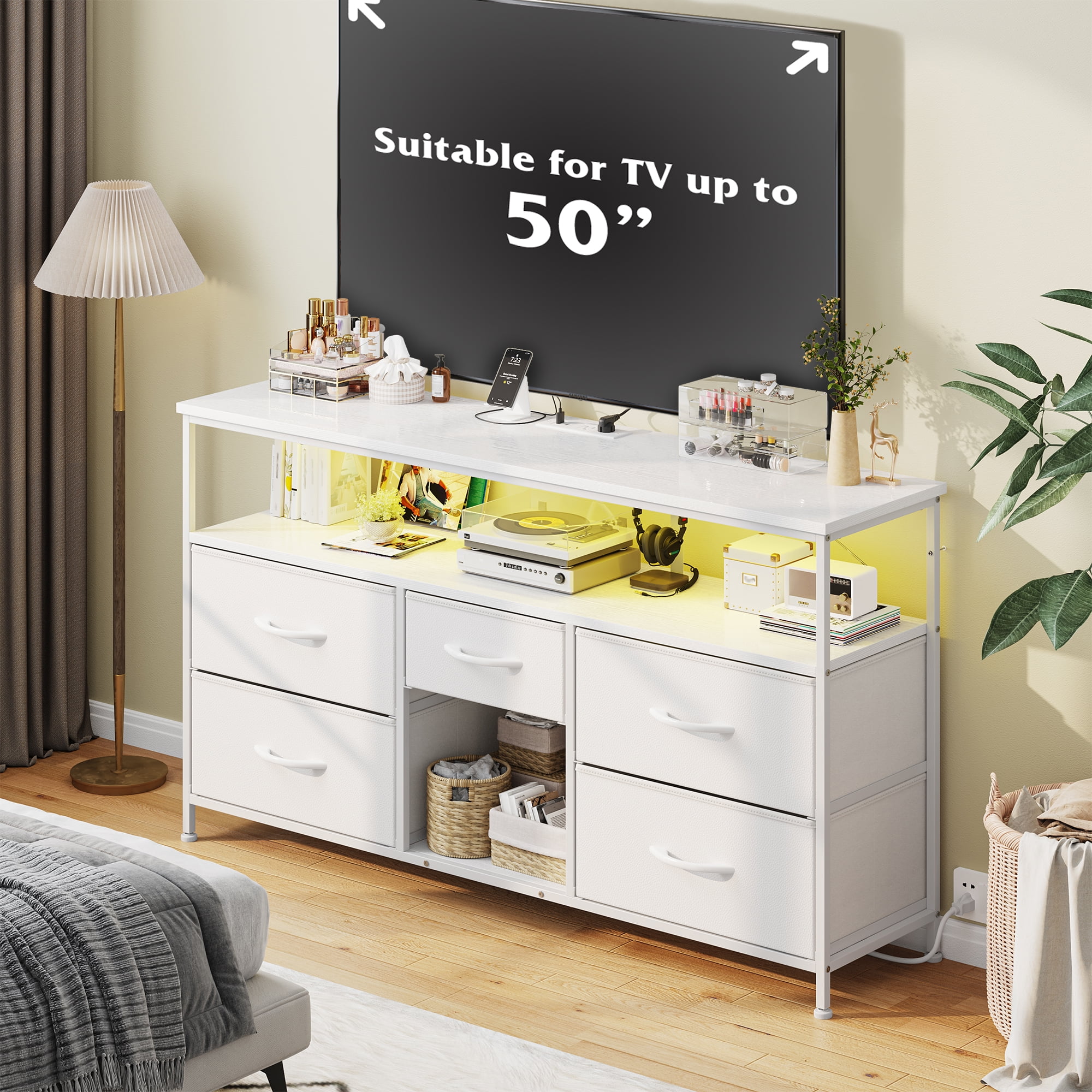 EnHomee White Dresser with 5 Drawers TV Stand for 50" Dressers for Bedroom with LED Lights & Power Outlets