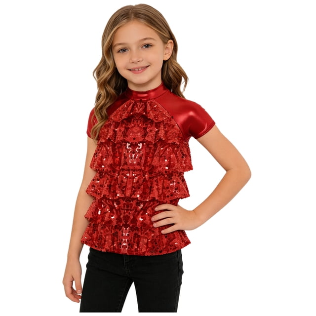 Manyakai T-Shirt à Manches Courtes pour Filles, Paillettes Scintillantes, Salsa Samba Rumba, Jazz Moderne Hip-Hop, Rouge, 14