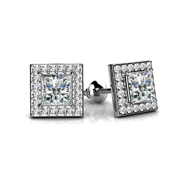 Harry Chad Enterprises 42282 2.40 CT Princess & Round Cut Halo Diamond Stud Earring, 14K White Gold