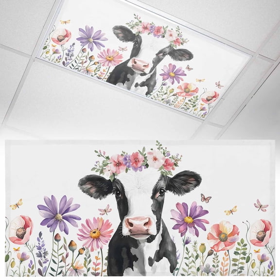 1 Pack Magnetic Fluorescent Light Covers 2x4 Ft, Farmhouse Cattle with Flowers Butterfly Wildflowers Animal Magnetic Light Covers for Ceiling Lights Classroom Office Home Decor