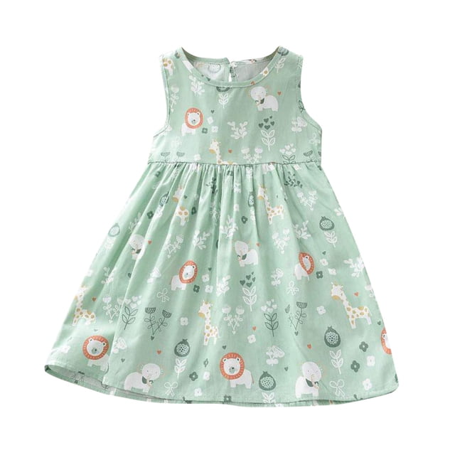 XASZHN Robe d'Été Décontractée pour Enfants Robe d'Été pour Filles Robes de Princesse Décontractées Sans Manches Imprimé Floral Robe de Plage en Coton pour Enfants Verte 5-6 Ans Robes d'Été Décontractées pour Filles