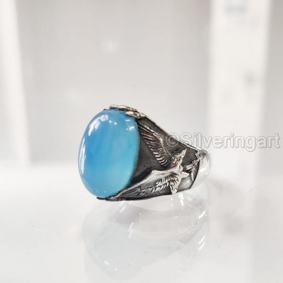 Blue Chalcedony Mans Ring, Natural Blue Chalcedony, Eagle, Ring, Silver Jewelry, 925 Silver Ring, Gift, Heavy Mens Ring, Arabic Design, Ottoman Style Ring, Christmas, Turkey Mens Signet Ring