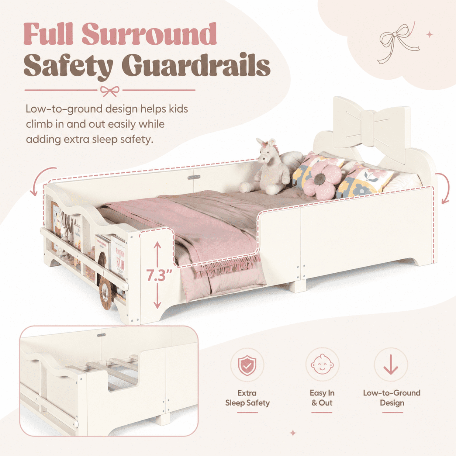 Miniyam Kids Twin Montessori Floor Bed with Guardrails and Built-In Bookshelf, Bowknot Headboard, White