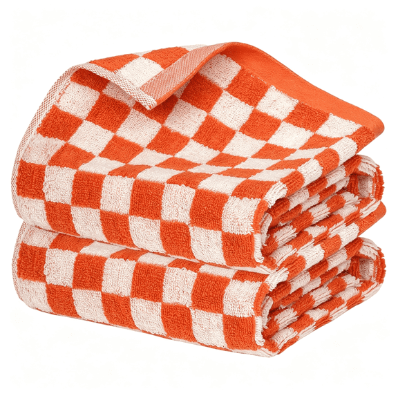 AUQ 2 Pcs Orange Checkered Hand Towels Bath Towels Cotton Soft Absorbent Towel for Bathroom Kitchen Decorative Hand Towel Versatile Decor,13.8" X 29.5"