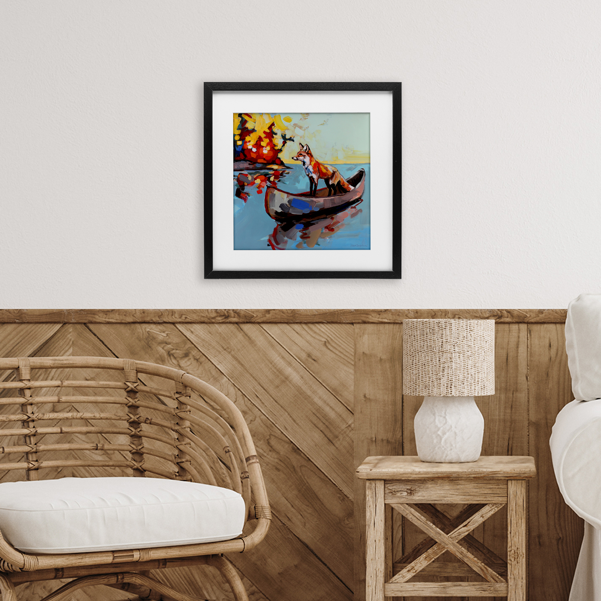 Fox's Voyage on Canoe Black Framed Print Under Glass, design by Adam Swanson