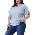 thumbnail image 4 of Agnes Orinda Women's Plus Size Textured Tops Rolled Short Sleeve Crew Neck T-Shirts Casual Basic Blouses 1X Light Blue, 4 of 6