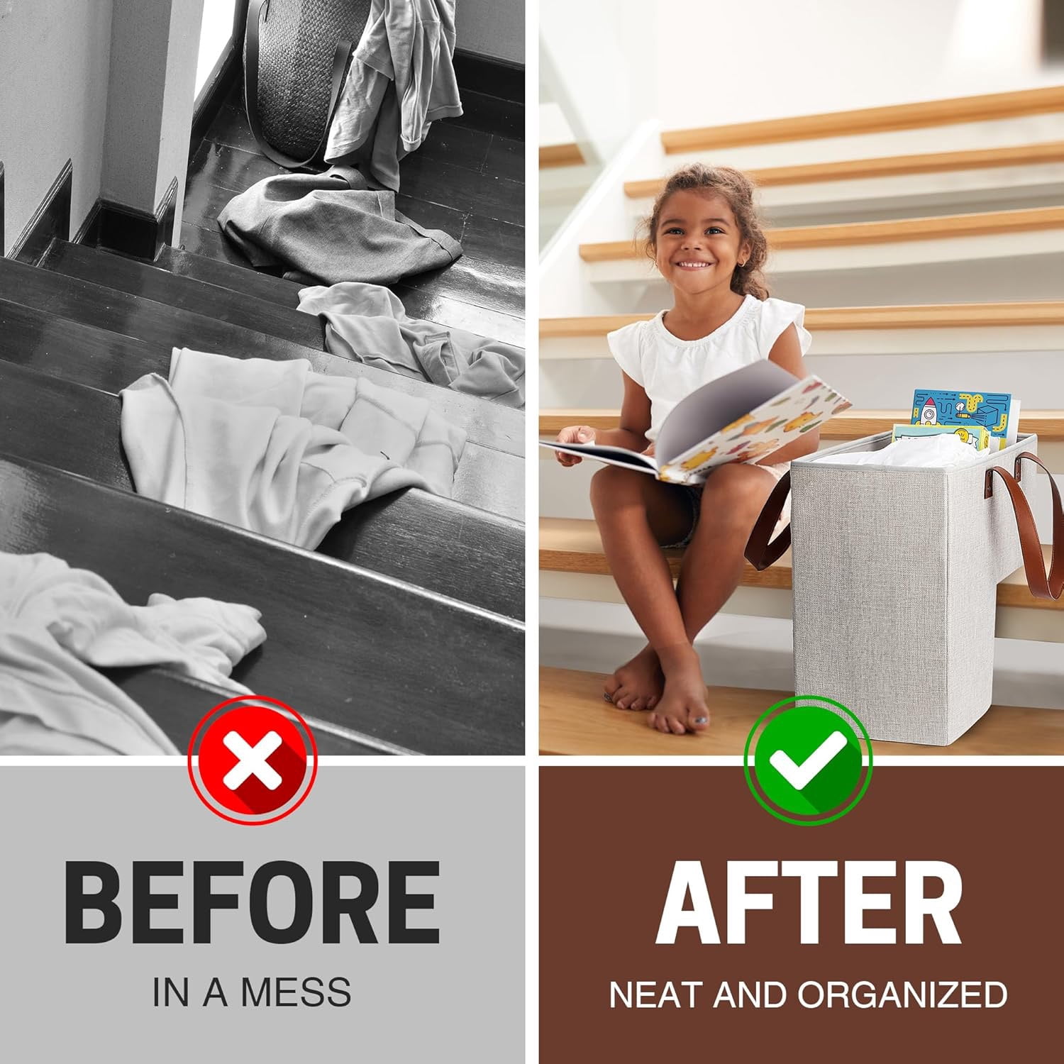 Stair Basket with Anti-Slip Grip for Wooden & Carpeted Stairs, 16"L x 10"W x 16"H Foldable Storage Organizer Bin with Handles for Laundry, Toys, Books, Home Office Decor (Natural Beige)