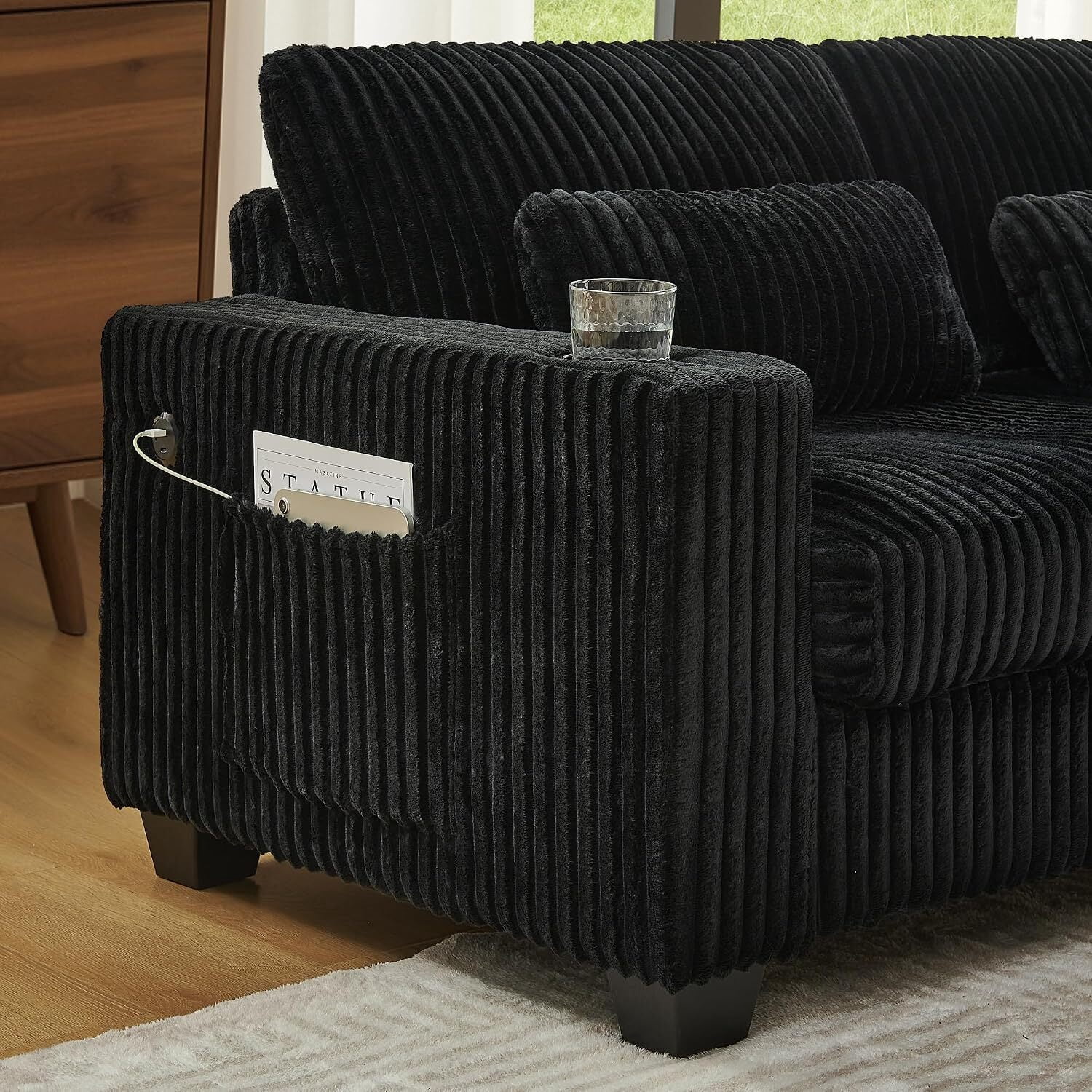 Howcool 125" 5 Seat Modular Sectional Sofa, L Shaped Deep Seat Cloud Couch with Movable Ottoman, Corduroy Sofa with Cup Holders & Lumbar Pillows for Living Room, Black