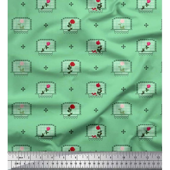 Soimoi Cotton Duck Fabric Square,Leaves & Rose Floral Decor Fabric Printed Yard 42 Inch Wide