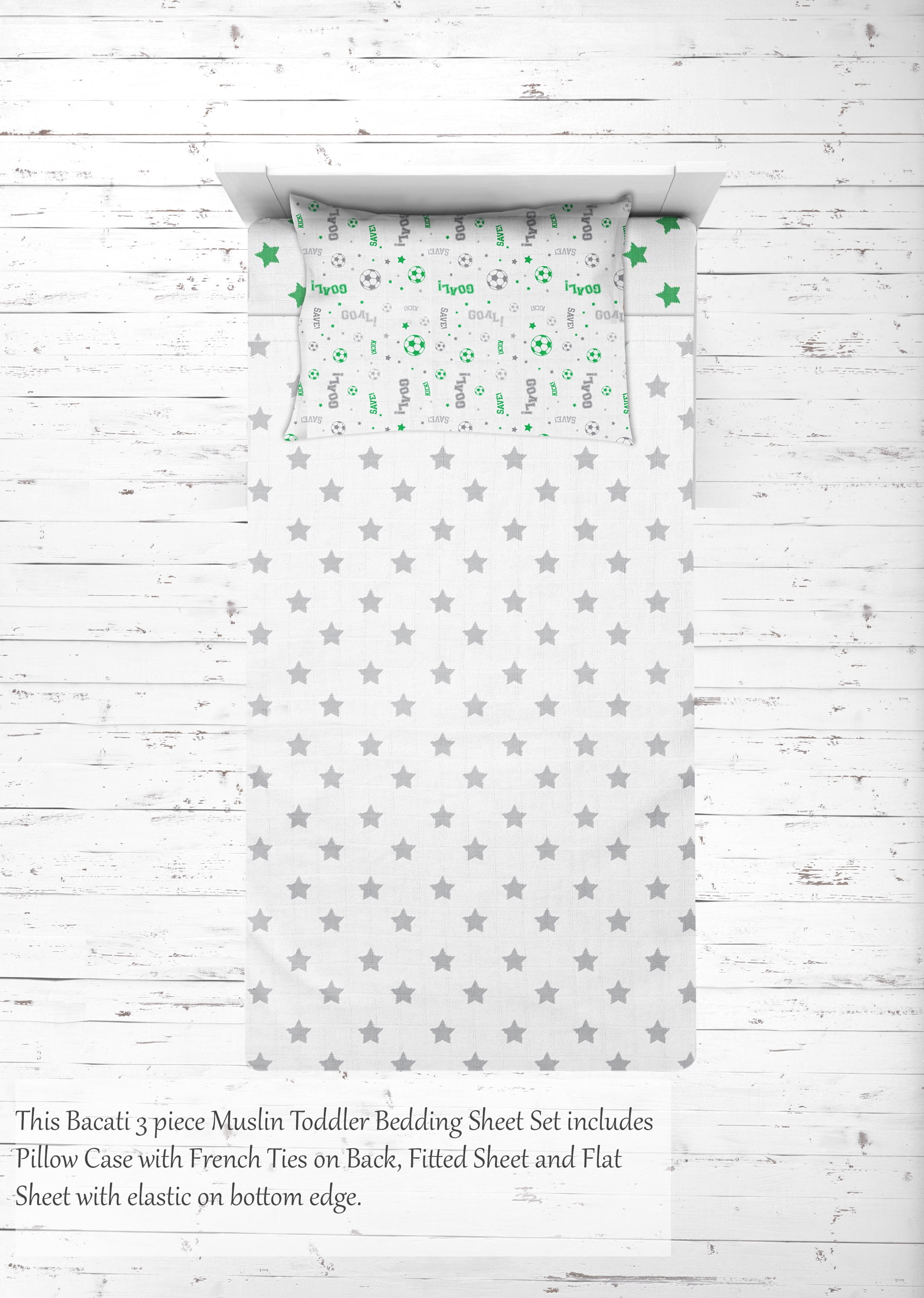 Bacati - Sports 100% Cotton breathable Muslin 3-Piece Toddler Bedding Sheet Set, Soccer Green/Grey