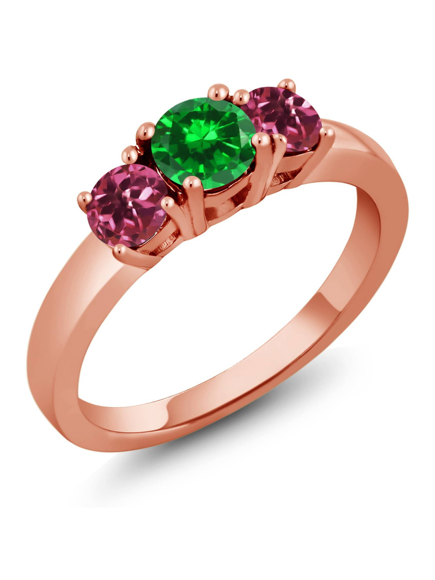 1.32 Ct Green Simulated Emerald Pink Tourmaline 925 Rose Gold Plated Silver Ring by