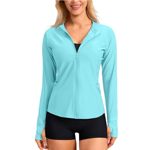 Craaazy Women Casual Full Zip Jacket, Solid Color Long Sleeve Sun Protection Top, Slim Fit with Thumb Holes and Pockets for Daily Wear Gifts