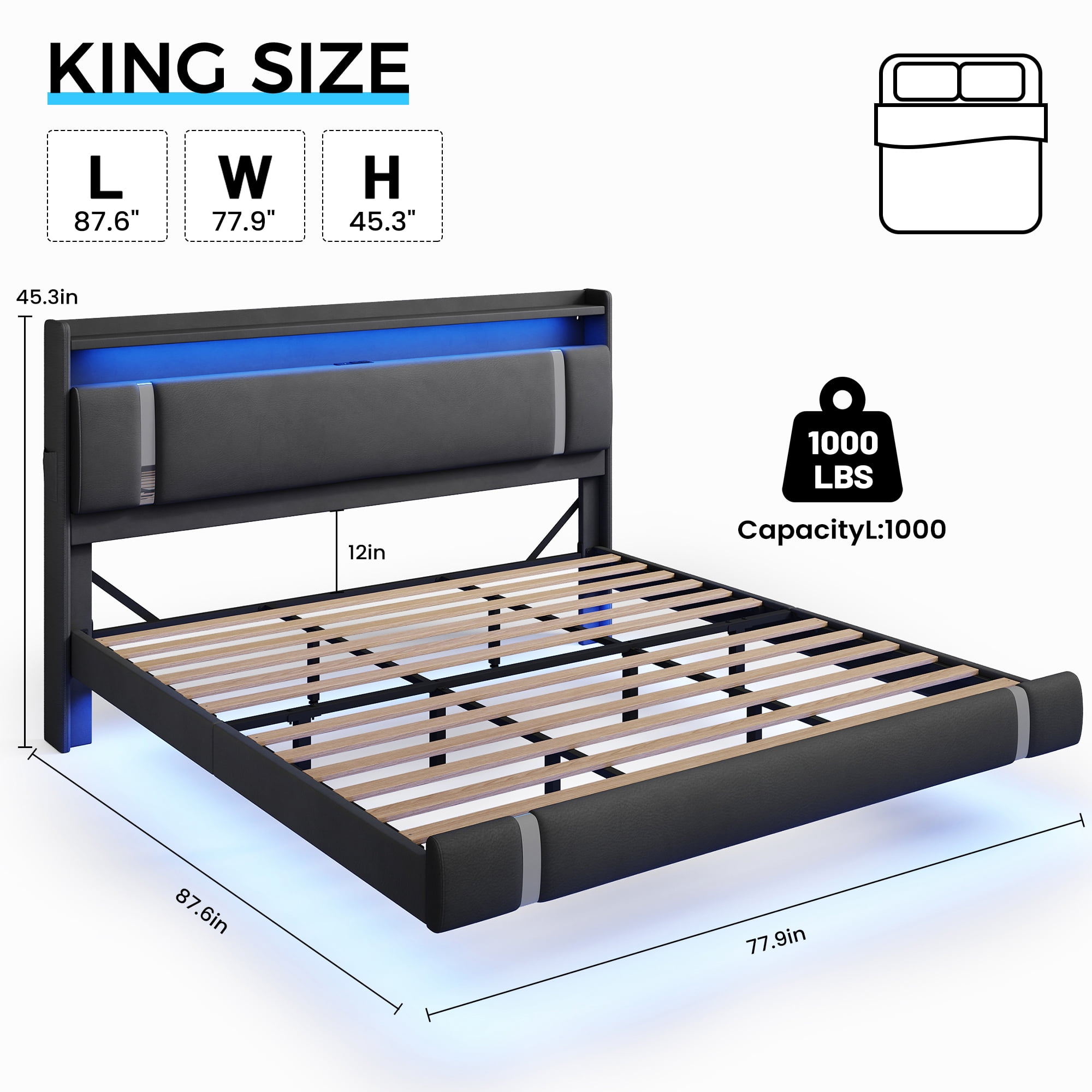 IDEALSOUL King Size Floating Bed Frame with Upholstered Storage Headboard, Metal Platform Bed with Charging Station & LED,No Box Spring Needed,Easy to Assemble (King,Black)