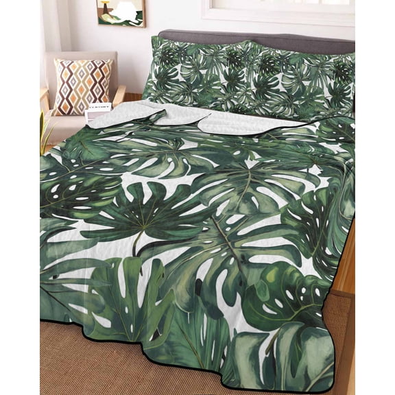 Green Palm Leaves King Size Down Alternative Comforter, Lightweight Comforter Quilt Bedding Set with Pillow Shams Summer Tropical Leaf Vintage All Seasons Bed Comforter Duvet Insert 96"x106"