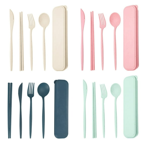 4 set Reusable Utensils set with Case, Portable Wheat Straw Cutlery Set, Chopsticks Knife Spoon Fork, Travel UtensilsStyle:Style 1;