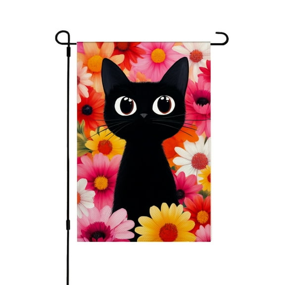 AMHNF Linen Garden Flag with Black Cat and Colorful Flowers for Spring Summer Home Outdoor Garden Yard Door Decor 12x18 inch