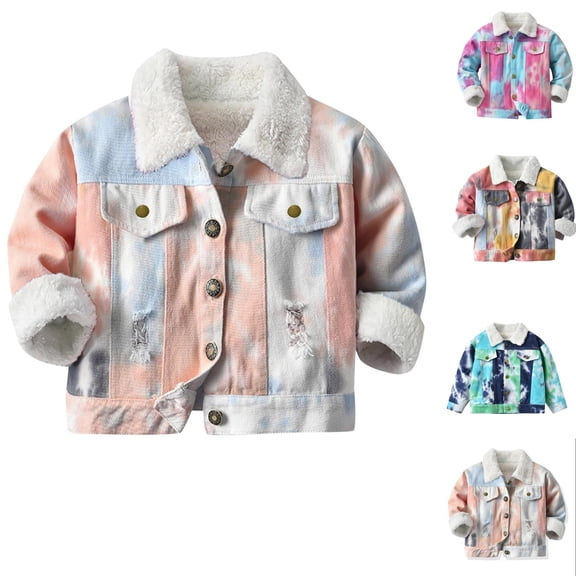 Zpanxa Girls Jean Jacket Kids Tie Dye Sherpa Lined Distressed Denim Jacket Girls Lapel Button Down Casual Jean Coat