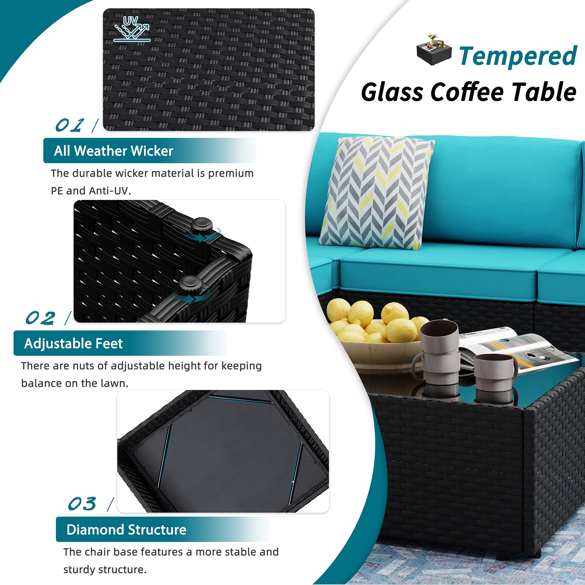 Walsunny 15 Pieces Patio Wicker Rattan Fire Pit Furniture Conversation Sets with Outdoor Sectional Sofa,45" Gas Propane Fire Pit Table,Glass Coffee Table,Black Rattan Blue Cushion