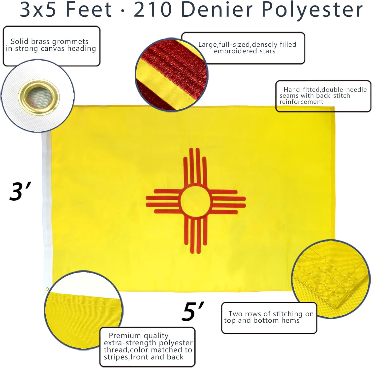 Anley EverStrong Series Embroidered New Mexico State Flag 3x5 Feet - New Mexico NM Flags