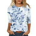 thumbnail image 1 of Camiseta de manga tres cuartos con cuello redondo y estampado de moda informal para mujer azul/L, 1 of 5