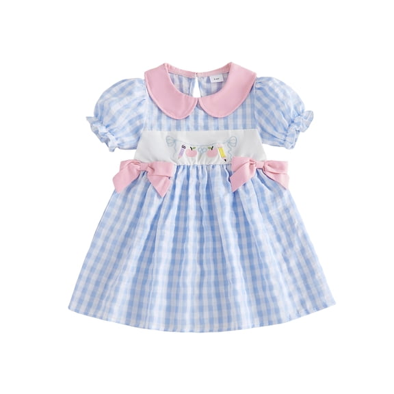 BemeyourBBs Kids Toddler Baby Girl Back to School Dress Outfit 2 3 4 5 6 Years Little Girl Summer Plaid Gingham Dress Short Sleeve Doll Collar Apple Scissors Pencil Embroidered Dress