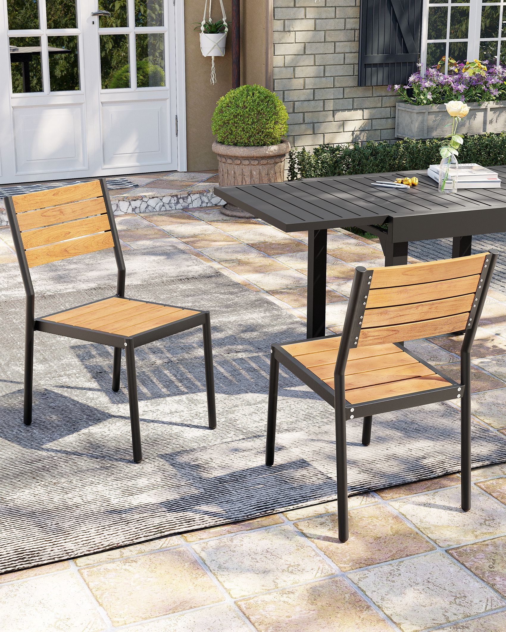 Pellebant Set of 2 Outdoor Aluminum Dining Chairs Patio Armless Chairs in Brown