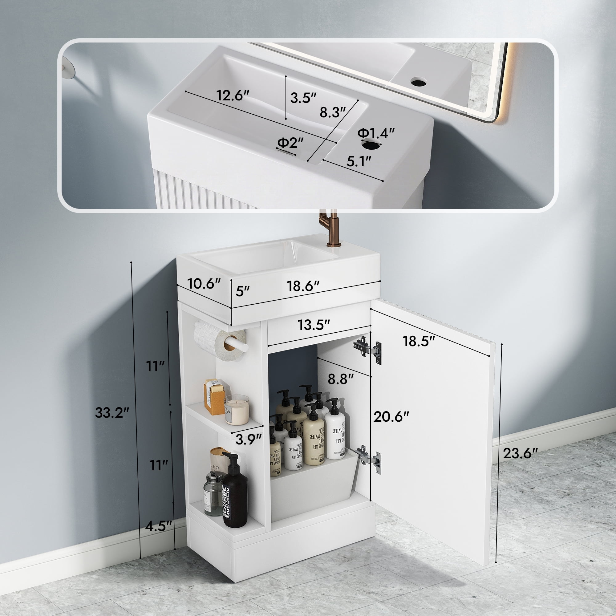 Aukfa 18.6" Bathroom Vanity with Sink Combo, Modern Storage Cabinet with Two-tier Shelves, White