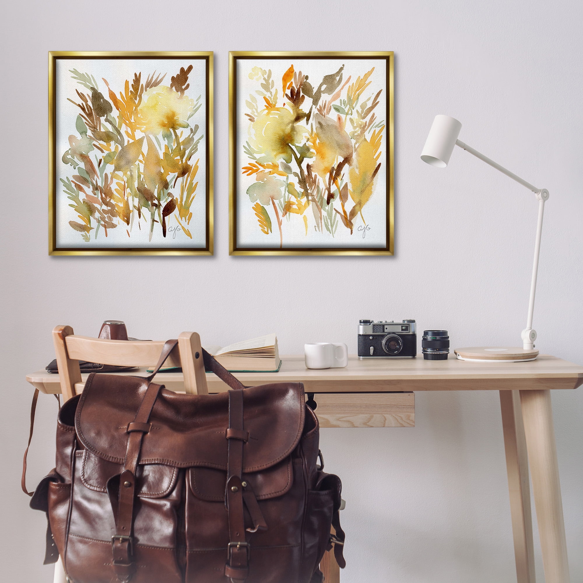 Stupell Industries Country Wheat Abstraction Botanical & Floral Painting Gold Floater Framed Canvas Art Print Wall Art, 25 x 31, Set of 2