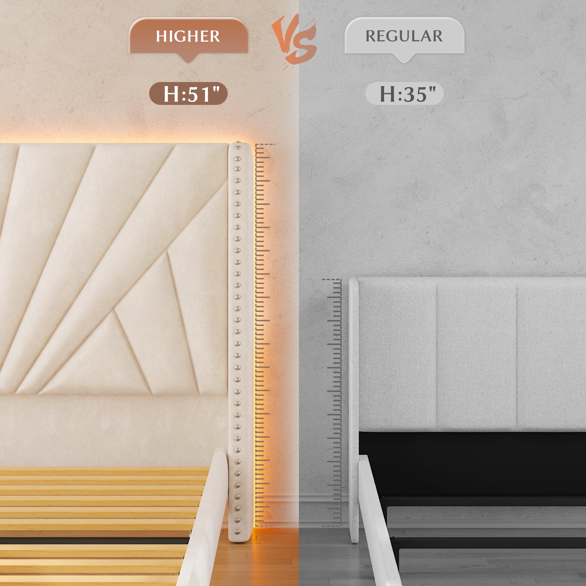 EnHomee King Bed Frame with 51"Tall Headboard Upholstered King Size Platform Bed Frame with LED Lights & Charge Station, Beige, No Box Spring Needed, Noise Free