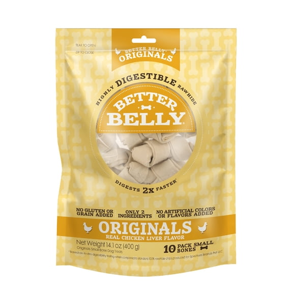 Better Belly Originals Natural Chicken Liver Flavor Small Bones 10 Count, Highly Digestible Rawhide