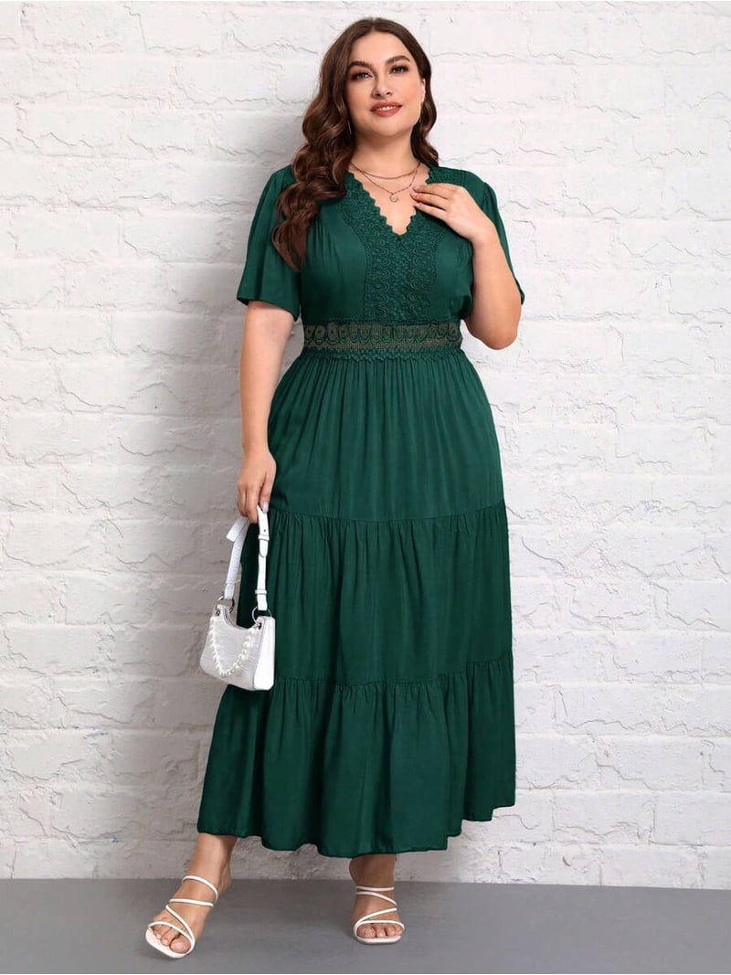 plus boho lace insert maxi dress Dark Green Size V-Neck Short Sleeve Lace-Insert Tiered Casual Sundress Style:Dress & Diaper & Crown