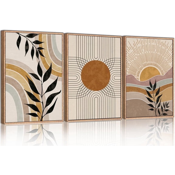 Boho Framed Canvas Wall Art Prints, Set of 3 Mid Century Modern Wall Decor, Nature Plants Desert Sun Art Paintings, Bohemian Artwork for Living Room, Bedroom, Dining Room, Office - 16"x24"x3