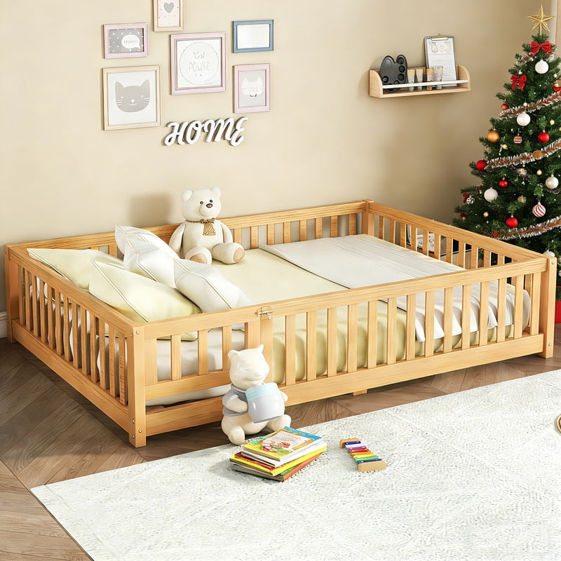 Montessori Bed with Rails, Full Size Floor Bed with Door & Slats Support, Wood Playhouse Bed with Fence, No Box Spring Needed,Natural