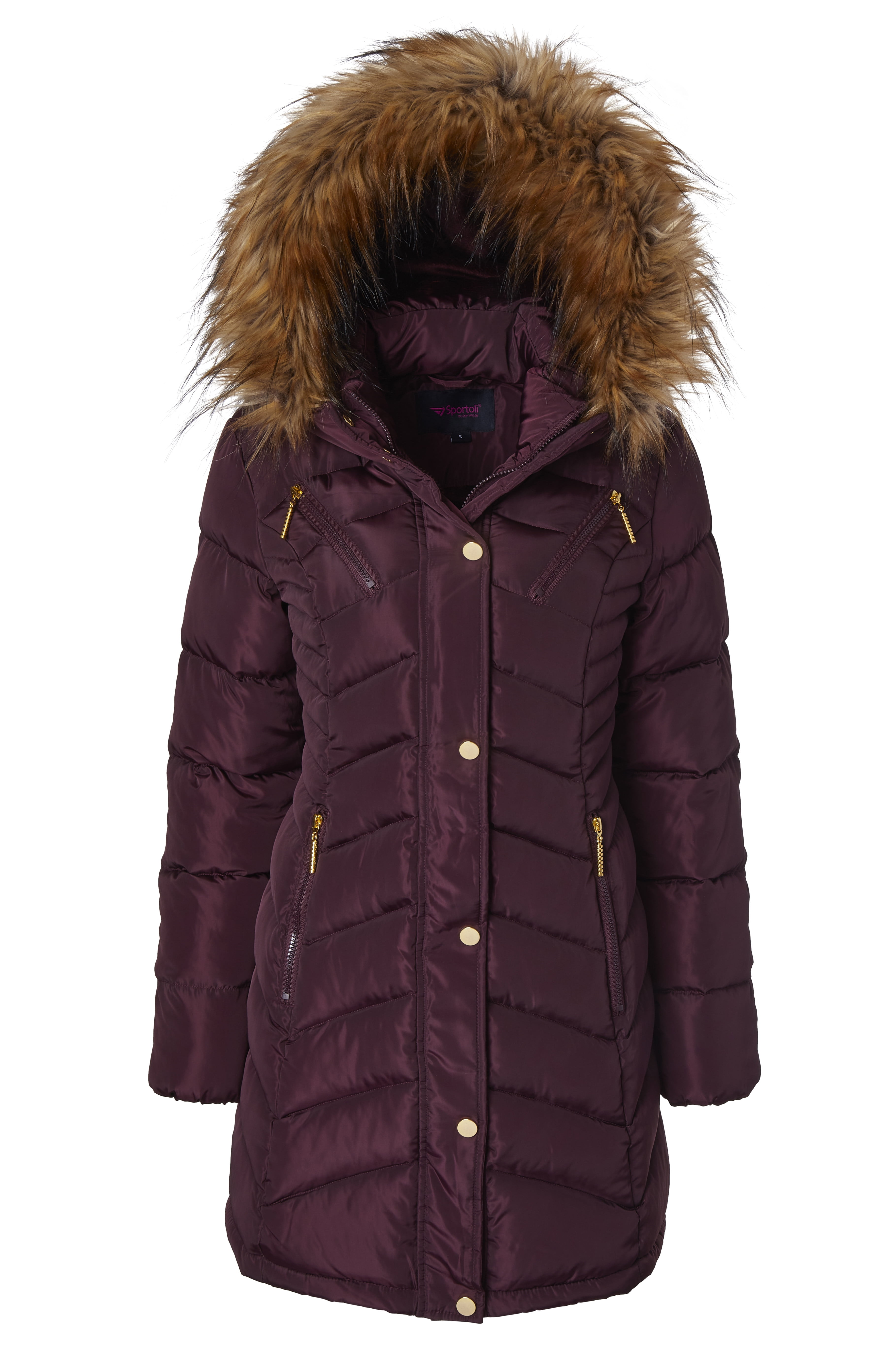 wine puffer jacket with fur hood