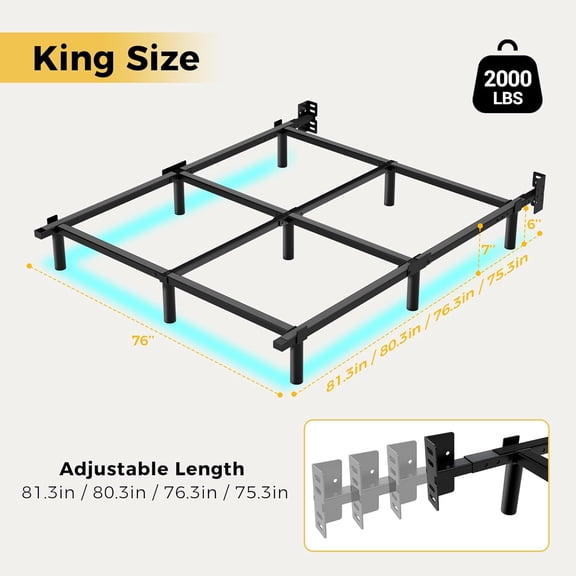 King Size Bed Frame with Smart LED Lights, 7 Inch Basics Metal Bed Frame, Heavy Duty 9-Leg Base for Box Spring and Mattress, Noise-Free, Easy Assembly, Black