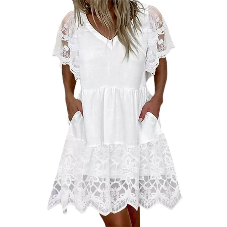 Dream Lifestyle V-Neck Short Sleeve Side Pockets Summer Dress Crochet Embroidery Lace Stitching Mini Dress Ladies Clothing - Walmart.com Dream Lifestyle V-Neck Short Sleeve Side Pockets Summer Dress Crochet Embroidery Lace Stitching Mini Dress Ladies Clothing - Walmart.com