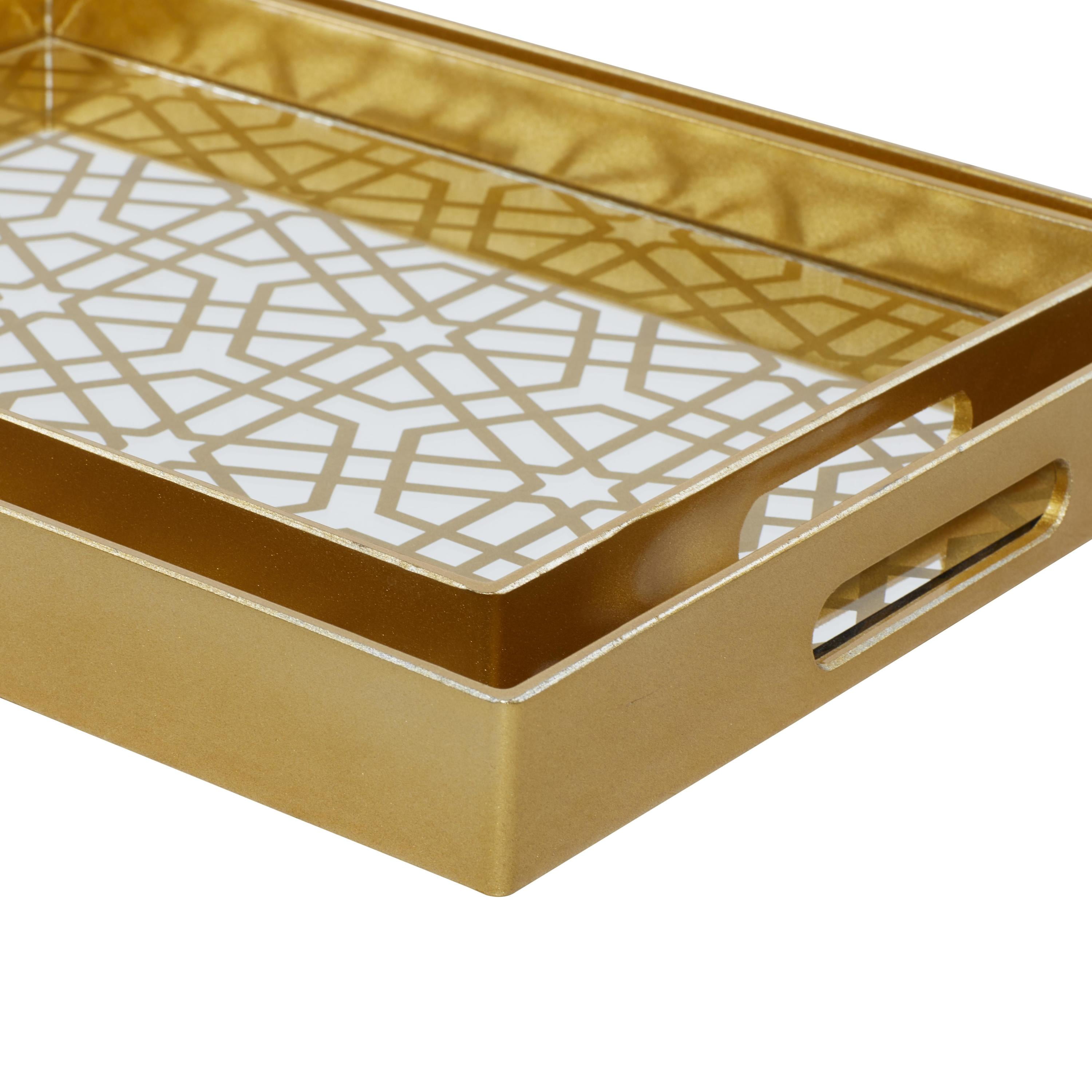 CosmoLiving by Cosmopolitan 14", 16"W Gold Plastic Mirrored Geometric Tray, 2-Pieces