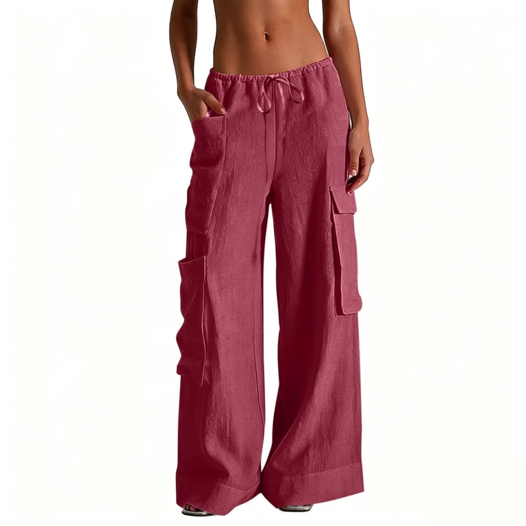 QATAINLAV Wide Leg Cargo Pants for Women Summer Cotton Linen Beach