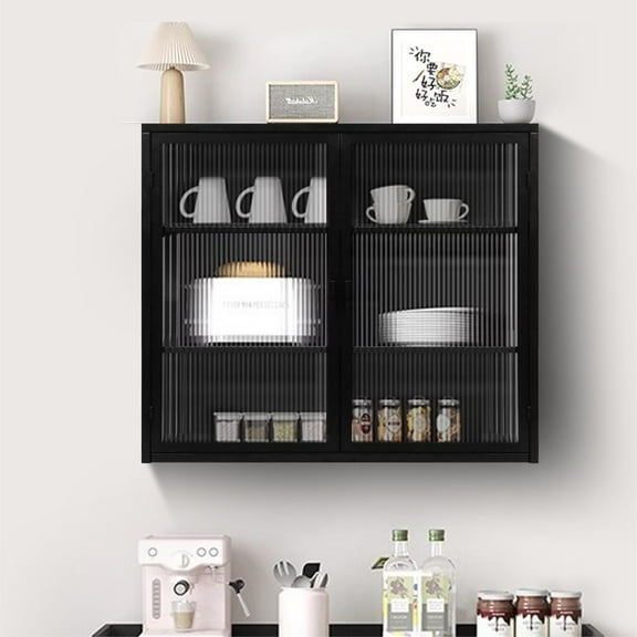 Bathroom Medicine Cabinet,Modern Glass Doors Two-door Wall Cabinet with Three-tier Storage for Bathroom,Kitchen,Black